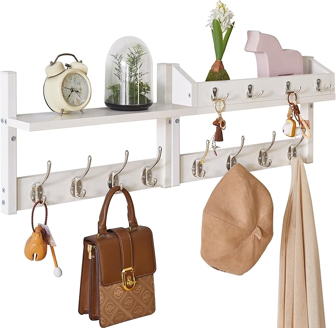 YMYNY 31.5" Coat Rack Wall Mount with Shelf, 4 in 1 Key and Coat Hanger with 12 Metal Hooks, Wall Shelf with Hooks & Mail Holder for Living Room, Bedroom, White, HWS007W-2