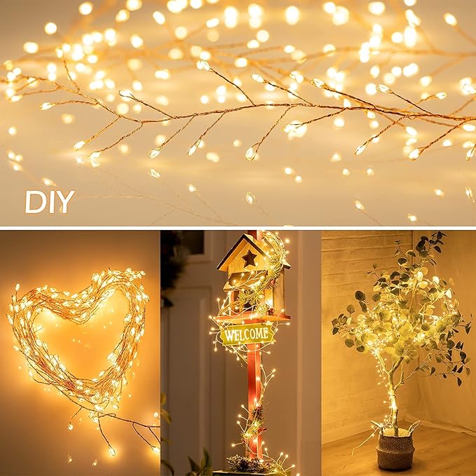 Minetom Fairy Lights Plug in, 10Feet 200 Led Cluster Lights Waterproof Starry String Lights for Ceiling Bedroom Wreath Window Wedding Christmas Tree Decoration, Warm White