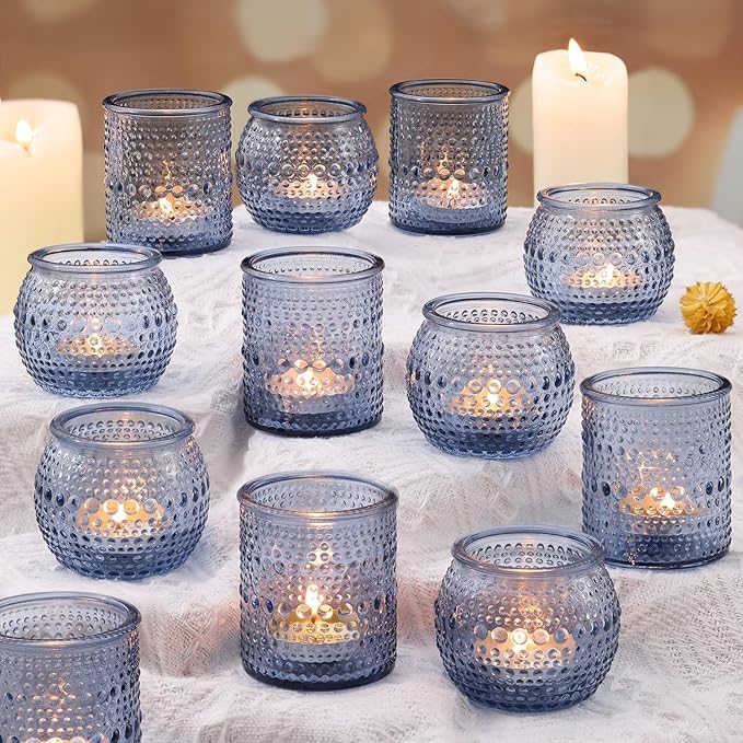 16 Pcs Assorted Blue Votive Candle Holders- Tea Light Candle Holder Glass for Wedding Bridal Shower Table Decor, Blue Candle Holders for Fall, Thanksgiving, Vintage Wedding Table Decor