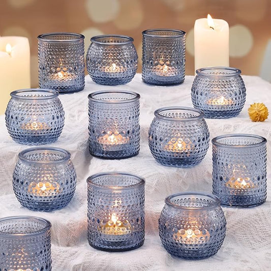16 Pcs Assorted Blue Votive Candle Holders- Tea Light Candle Holder Glass for Wedding Bridal Shower Table Decor, Blue Candle Holders for Fall, Thanksgiving, Vintage Wedding Table Decor