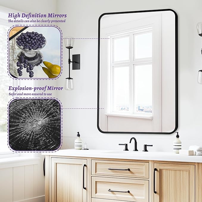 Antok Bathroom Mirror,30"x22" Wall Mirror, Decorative Mirrors Vanity Mirror Aluminum Alloy Frame Contemporary Hanging Mirror for Living Room Bathroom Entryway,Gold,Round Corner