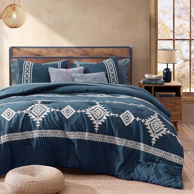 MaiRêve Embroidery Full Size Comforter Set Navy Blue, Farmhouse Western Boho Bedding Set 7 Pieces, All Season Bed in A Bag Comforter Set with Sheets, Pillowcases & Shams