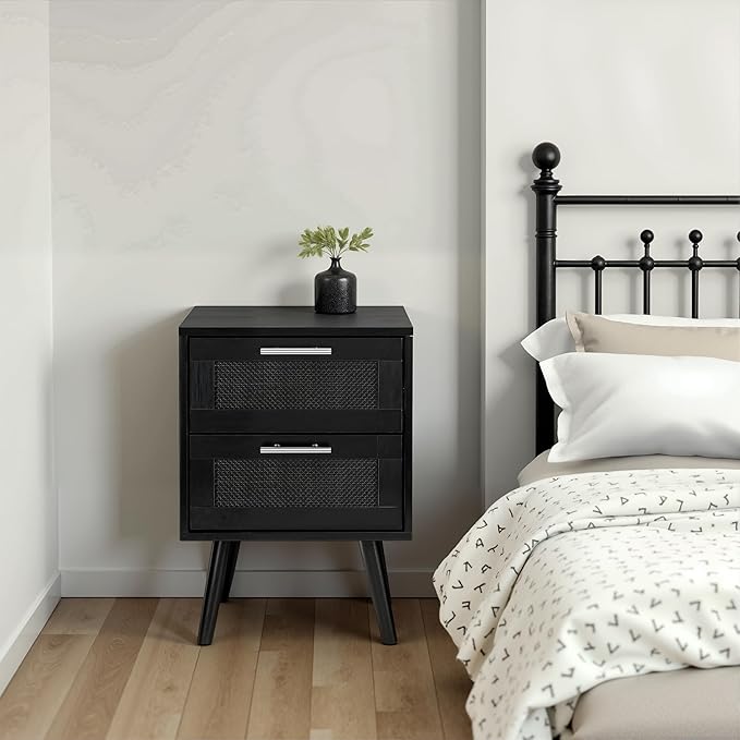 Finnhomy Nightstand, End Table, Side Table with 2 Hand Made Rattan Decorated Drawers, Wood Accent Table with Storage for Bedroom, Full Black