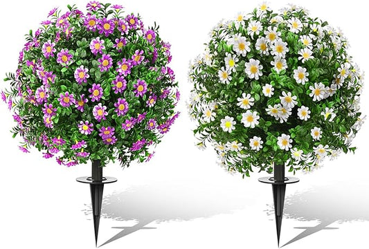 23" Set of 2 Artificial Boxwood Topiary Ball with Sunflower Flowers with Spikes for Outdoor, UV Resistant Faux Greenery Shrubs, Realistic Fake Bushes Plants for Garden, Yard, Front Porch, Patio Decor