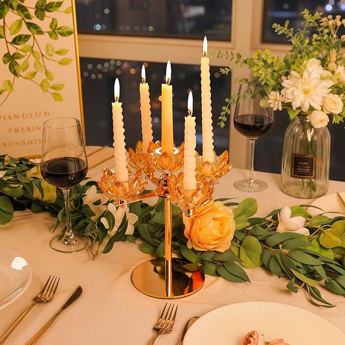 Crystal Candle Holders Lotus Candelabras Gold Arch Candlestick, Centerpiece Table, Home Hecor for Wedding, Dinning Room, Coffee Table, Kitchen, Living Room, Entryway (5 Arms, Gold, Taper Candle)