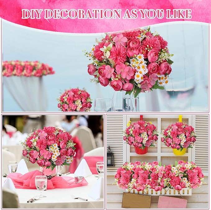 Tigeen 12 Bundles Peonies Artificial Flowers Faux Roses Silk Flowers Hydrangea Artificial Bouquet for Wedding Table Centerpiece Floral Vase Home Office Bridal Decor (Rose Pink)