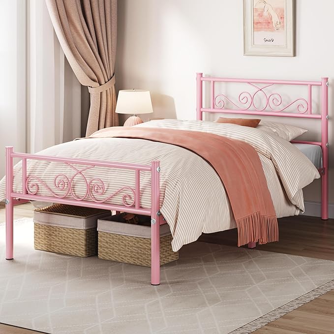 Yaheetech Twin Bed Frames Metal Platform Bed with Headboard and Footboard No Box Spring Needed Easy Assembly,Under-Bed Space: 12.6''/Pink/Twin Bed