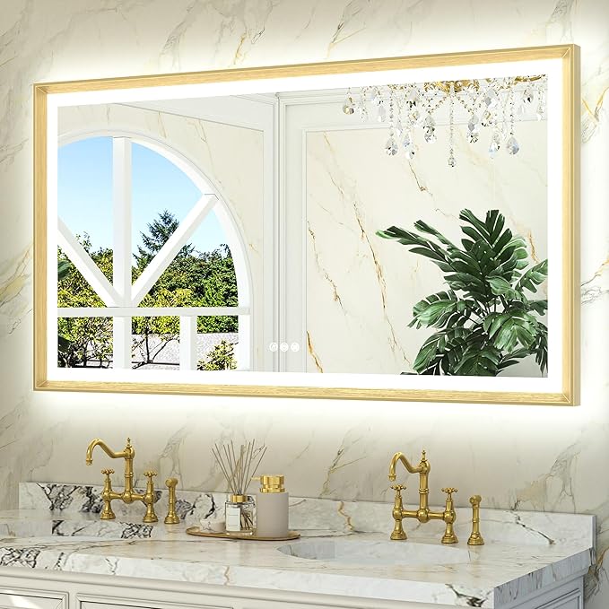 TETOTE Gold LED Mirror for Bathroom 55x30 Metal Frame Frontlit & Backlit Lighted Vanity Mirror Baroque Anti Fog Stepless Dimmable White/Warm/Natural,CRI90+,Wall Mounted(Horizontal/Vertical)