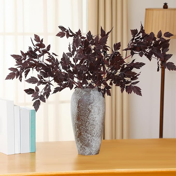 Lyrow 10 Pack Artificial Cimicifuga Plant Leaf Spray Faux Plum Cimicifuga Ramosa Leaf Branch Faux Fall Spray Silk Plants for Home Vase Wedding Garden Farmhouse Table Mantel Decor (32 Inches)