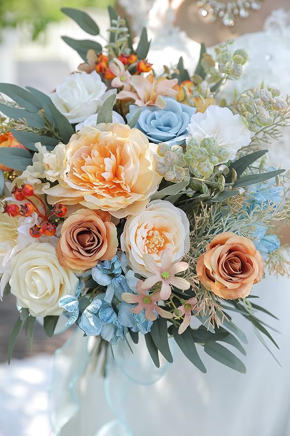 Artificial Flowers Combo Fake Silk Flowers Fall Bouquets for DIY Wedding Bouquets Centerpieces Party Baby Shower Home Decorations (Blue White)