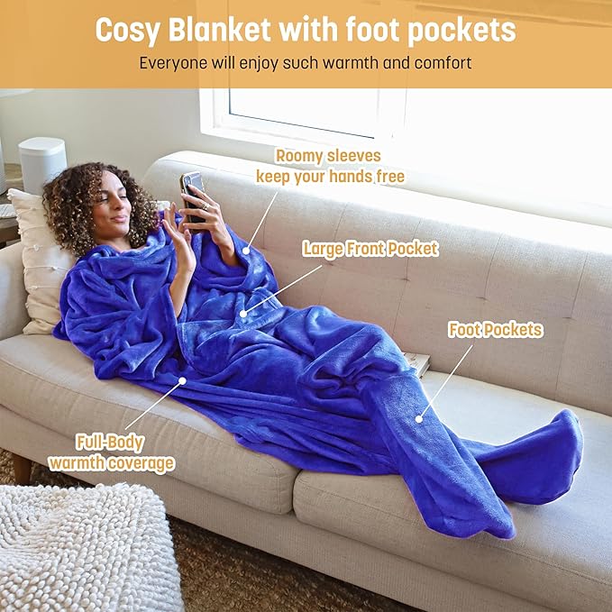 Catalonia Wearable Fleece Blanket with Sleeves and Foot Pockets for Adult Women Men, Micro Plush Comfy Wrap Sleeved Throw Blanket Robe Large, Blue