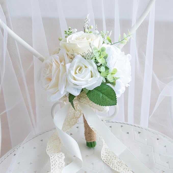 Wedding Bouquets for Bride Bridesmaid, Artificial White Champagne Bride Flower Bouquet for Wedding Church Decoration Ceremony, Anniversary, White Roses Flowers