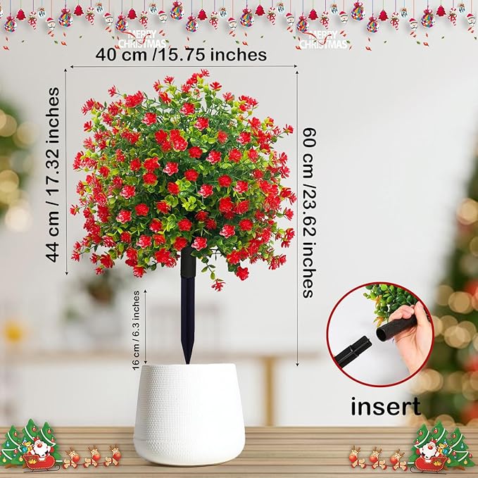 Set of 2 Artificial Topiary Boxwood Rose Ball Christmas Trees with Ground Spike,23" UV Resistant Outdoor Xmas Decor Faux Greenery Shrubs with Flowers, Fake Plants Bush for Garden, Yard, Porch