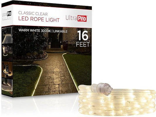 UltraPro LED Rope Lights, 16ft Classic Clear Rope, Warm White Light 3000K, Indoor/Outdoor, Flexible, Linkable, Durable, Rope Lights Outdoor, 54503