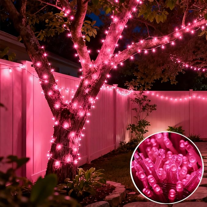 66Ft 200LED Pink Christmas Tree Lights Plug in,8 Modes Connectable Pink String Light Indoor Outdoor for Christmas Tree Bedroom Garden Decor (Clear Wire)