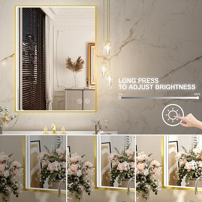 36x28 Inch LED Bathroom Mirror with Light,Gold Metal Frame Lighted Vanity Mirror, Anti Fog Design&Dimmable&Touch Switch