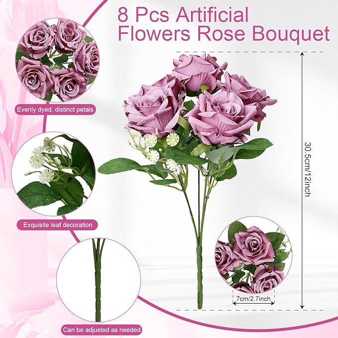 Purple Roses Artificial Flowers - 8 Bundles Fake Silk Rose Flower Realistic Faux Florals Bulk for Wedding Bridal Party Baby Shower Event Home Arrangements Centerpieces Decor (Dusty Purple)