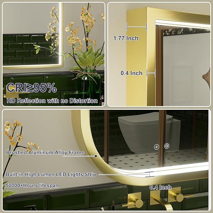 22x32 Inch LED Bathroom Mirror with Lights, Adjustable 3000K/4500K/6000K, Irregular Gold Frame Lighted Bathroom Vanity Mirror, Anti-Fog, Stepless Dimmable, Wall Mounted