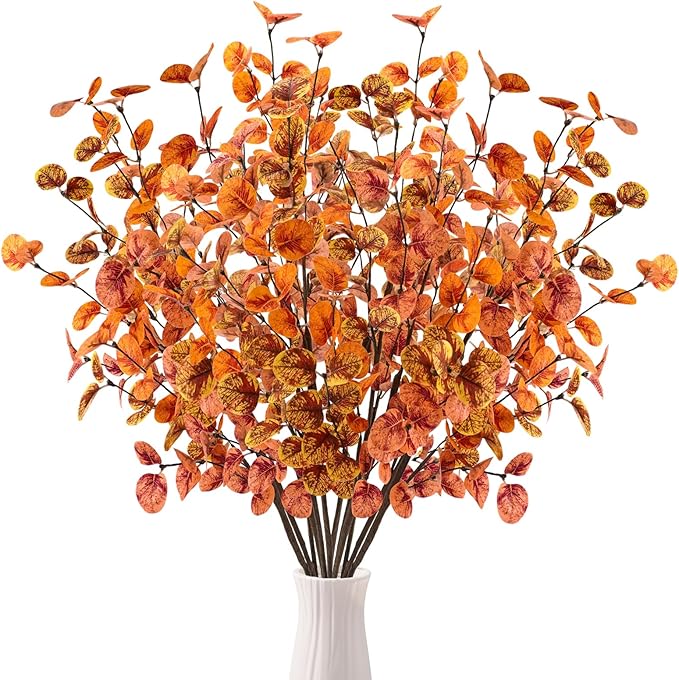 12pcs Artificial Eucalyptus Leaves Stems 30" Faux Fall Leaf Spray Plants Branches Autumn Decorations for Home Floral Arrangements Farmhouse Table Centerpiece Thanksgiving Decor