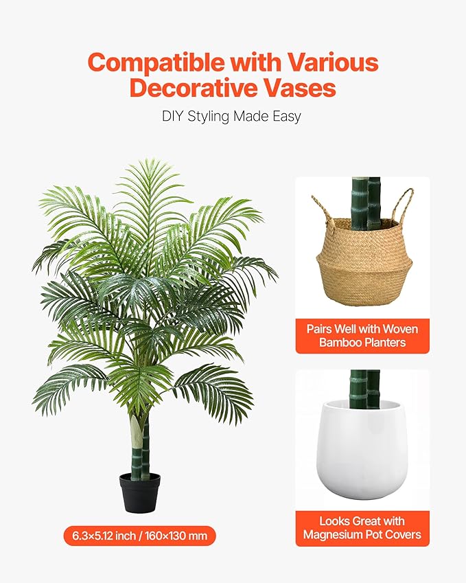VEVOR Artificial Areca Palm Tree 5 ft, Fake Palm Tropical Plants with White Tall Planter, Faux Floor Silk Plant in Pot, Large Trees for Home Office Living Room Decor House Warming, Indoor Outdoor