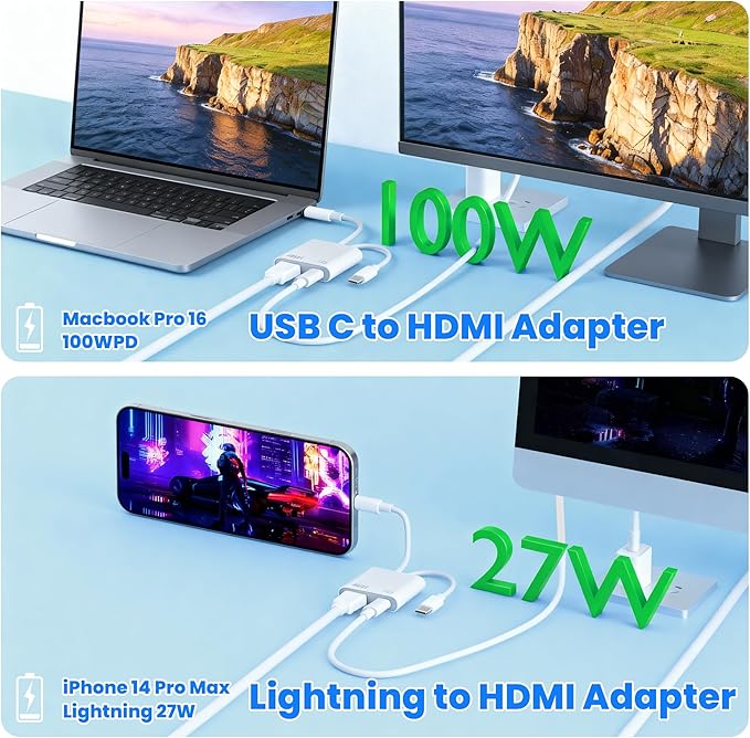 USB-C and Lightning to HDMI Adapter for iPhone to TV, 4K@60Hz MFi Certified Lightning to Digital AV Adapter with 100W Charging Port for iPhone 17 16 15 14/MacBook/iPad to HDTV/Projector/Monitor