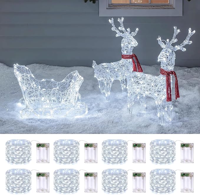 JMEXSUSS 8 Pack 50 LED Christmas Lights Battery Operated String Lights, 16ft White Fairy Lights Indoor Outdoor Waterproof for Mason Jars Bedroom Party Wedding Christmas Decorations