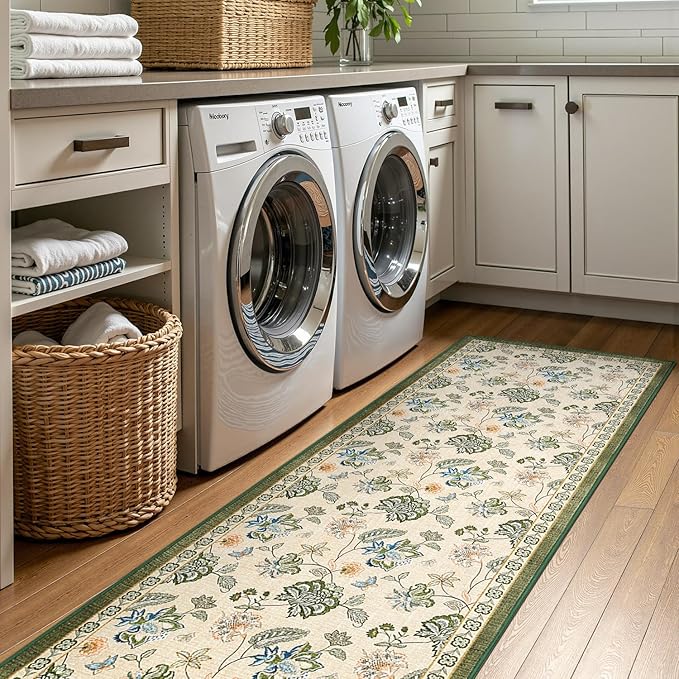 jinchan 3x8 Floral Runner Rug for Hallway Washable Kitchen Runner Vintage Romance Design Non Slip Thin Indoor Floor Cover Low-Profile Throw Carpet for Entryway Bathroom Bedroom Porch, Green/Beige