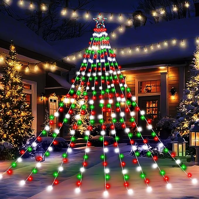 FUNIAO Outdoor Christmas Decorations Star Lights, 320 LED Hanging Twinkle Fairy String Lights Outside Tree Decoration Lights for Christmas, Yard, Garden, New Year (Plastic Star-Red White Green)