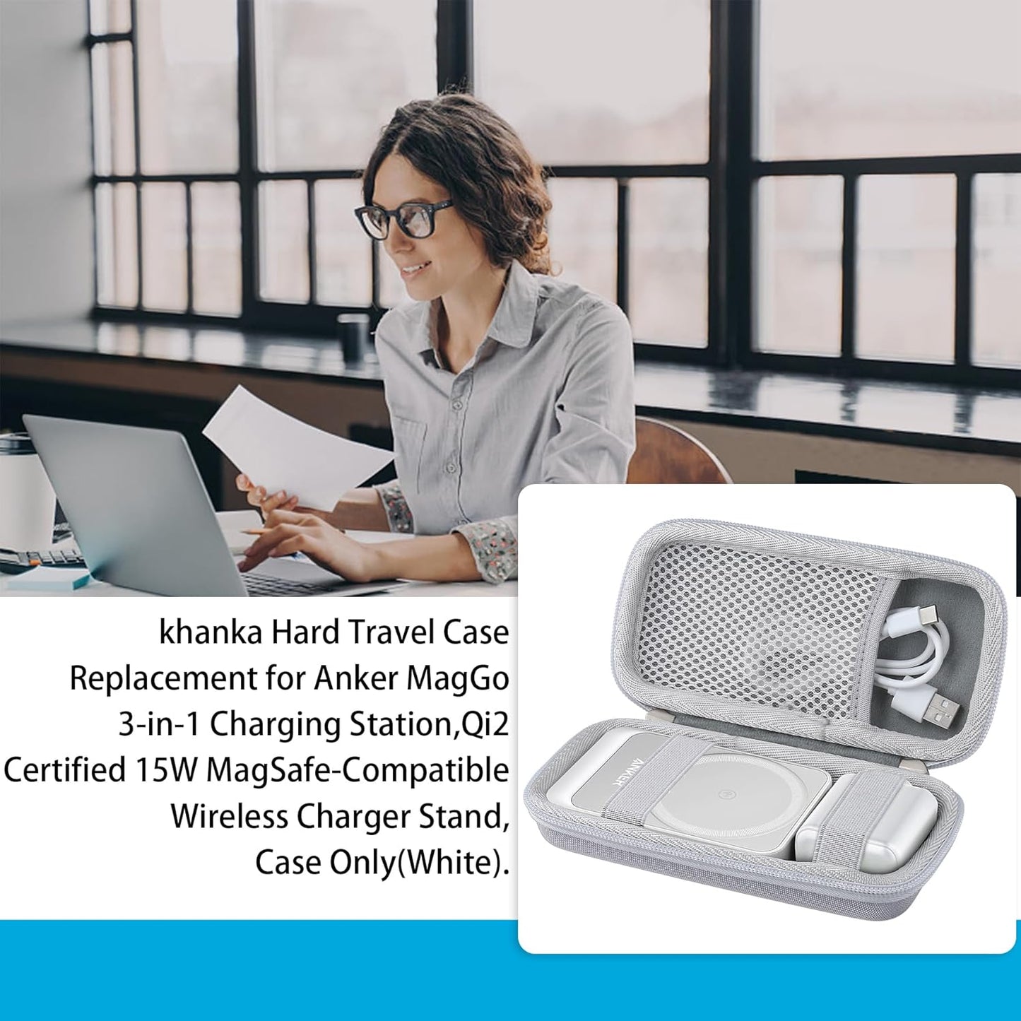 khanka Hard Travel Case for Anker MagGo 3-in-1 Charging Station, Qi2 Certified 15W MagSafe-Compatible Stand (White)