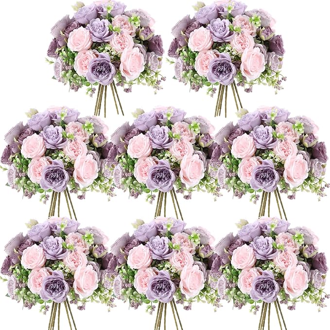 Geosar 8 Bundles Artificial Peonies Flowers Fake Silk Peony Bouquet Faux Peonies Flowers Bulk for Decoration Vase Floral Arrangements Wedding Party Table (Gray Purple,Light Purple)