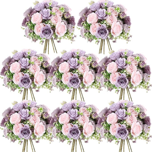 Geosar 8 Bundles Artificial Peonies Flowers Fake Silk Peony Bouquet Faux Peonies Flowers Bulk for Decoration Vase Floral Arrangements Wedding Party Table (Gray Purple,Light Purple)