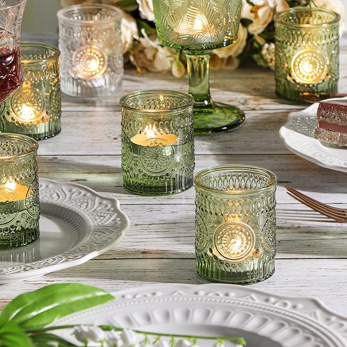 DEVI 24pcs Green Votive Candle Holders for Wedding, Glass Tea Lights Candle Holder, Green Baby Shower St. Patrick's Day Table Decor, Vintage Depression Glass Candle Holders for Table Centerpiece