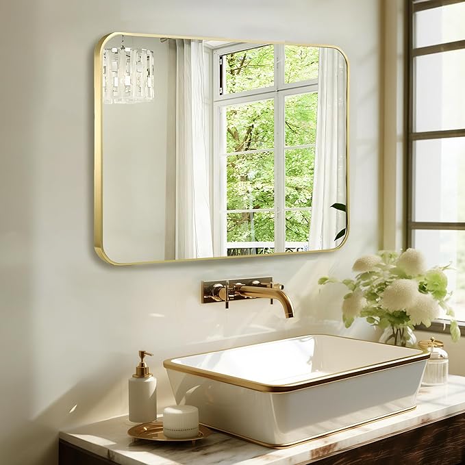French Gold Mirror for Wall Decor, 40x30 Inch Brushed Brass Metal Framed Rectangle Wall Mirror for Bathroom Vanity, Living Room, Bedroom, Farmhouse, Hangs Vertically or Horizontally