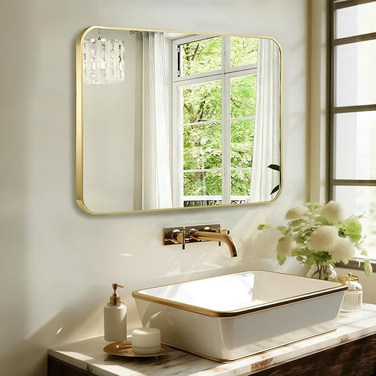 French Gold Mirror for Wall Decor, 40x30 Inch Brushed Brass Metal Framed Rectangle Wall Mirror for Bathroom Vanity, Living Room, Bedroom, Farmhouse, Hangs Vertically or Horizontally
