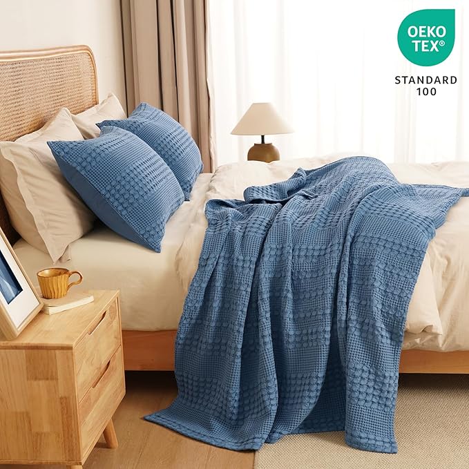 PHF 100% Cotton Waffle Weave Throw Blanket, Soft Lightweight Breathable Cozy Throws for Couch Bed Sofa, Luxury Aesthetic Woven Blanket for Home Decor & Office, 50"x60", Denim Blue