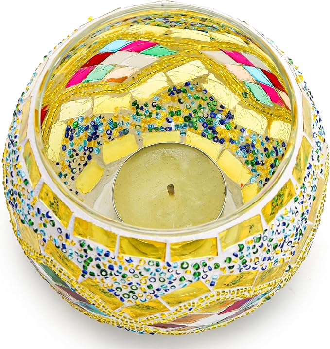 DEAYOU 4 Pack Glass Candle Holders Mosaic, Decorative Glass Tealight Votive Holder Bowl, Scented Candle Stand for Lighting Decor, Gift, Aromatherapy, Also Used as Vase, Pen Holder, Potted Plant Bowl
