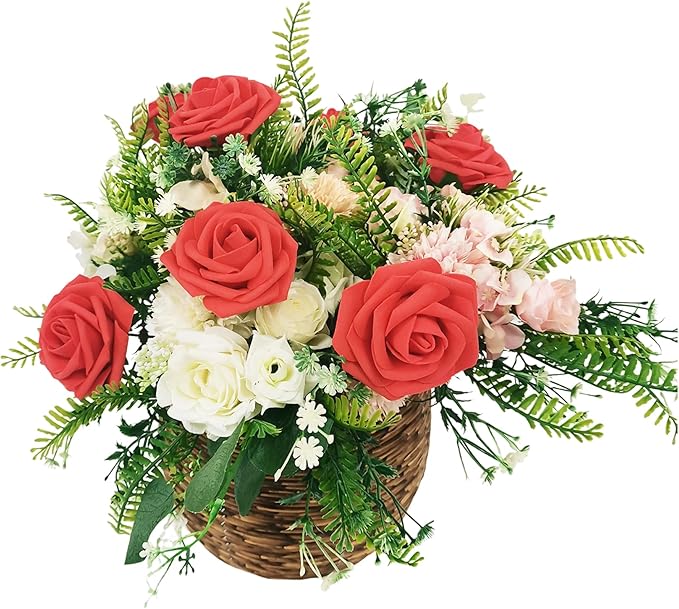 Artificial Flowers 25pcs Fake Roses, Red Foam Rose Faux Flower for DIY Wedding Bouquets Bridal Shower Centerpieces Floral Arrangements Home Decorations Party Backdrops Table