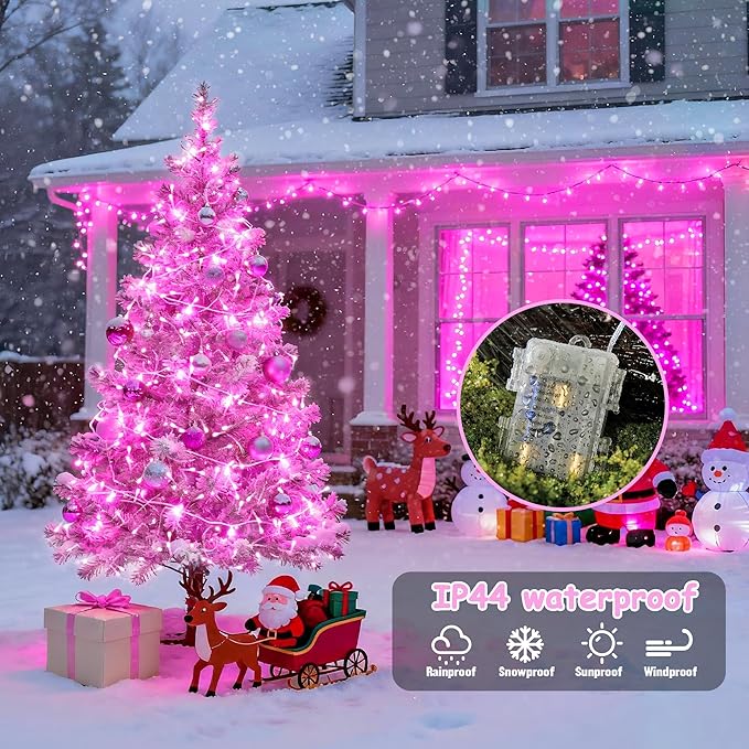 JMEXSUSS 33ft 100 LED Pink Christmas Lights, Pink Battery Operated Lights with 8 Modes Remote, Indoor Outdoor String Light for Bedroom Christmas Party Tree Decorations