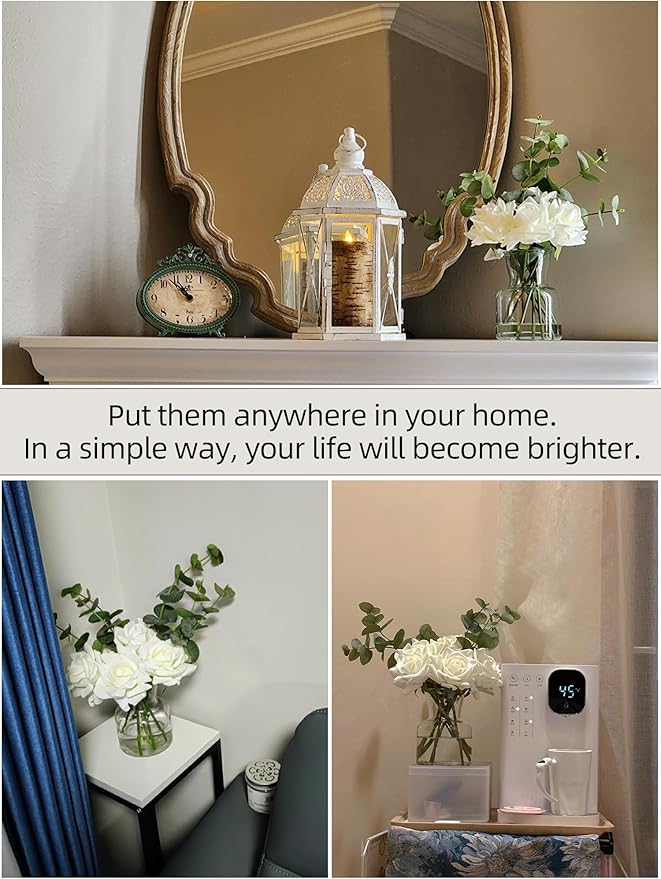 Artificial Flowers with White Roses in Vase, Fake Flowers Bouquet with Vase, Silk Flower Arrangements with Artificial Flowers for Home Dining Table Decor(No Fake Water).