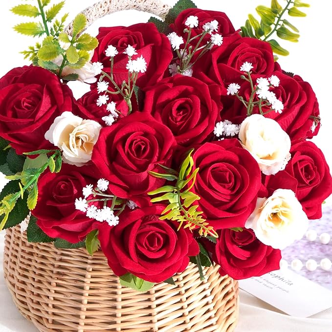 BLEUM CADE 100 Pcs Red Velvet Roses Artificial Flowers, Real Touch, Long Stems, Wedding & Occasion Decor