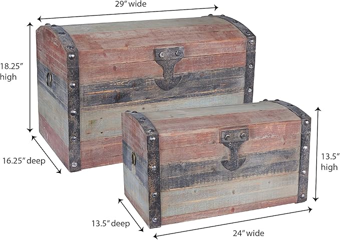 Household Essentials Wooden Storage Trunk Set, Large and Small Domed Chest, Weathered Wood with Paint Finish, Hinged Lid with Metal Accents