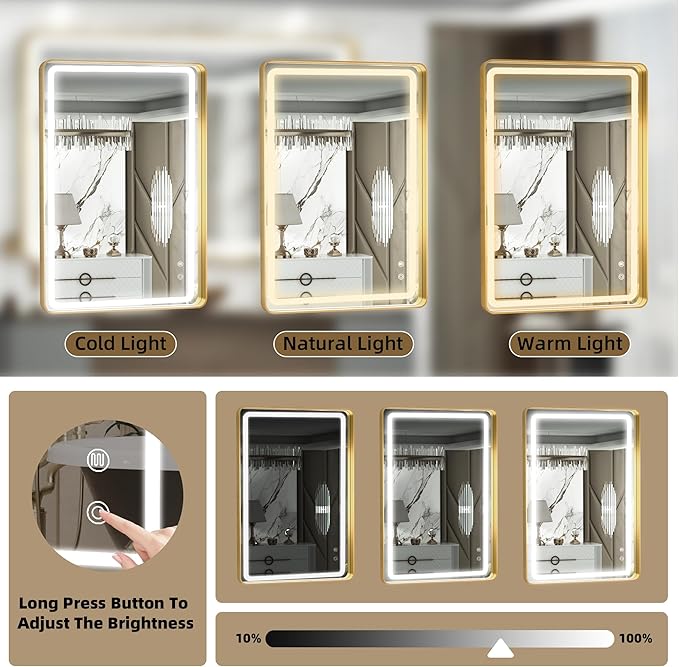 Hasipu 40×30 Inch LED Bathroom Mirror with Lights, Gold Metal Framed Bathroom Lighted Mirror for Vanity Shaving, Rectangle Wall Mounted Mirror, Anti-Fog, Dimmable, 3 Colors (Horizontal/Vertical)