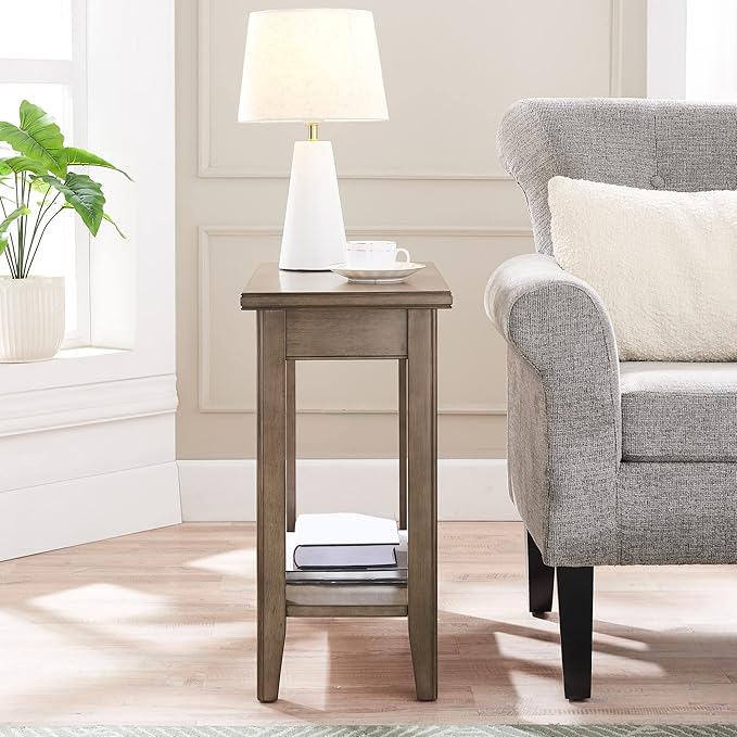 Leick Home Laurent 12 in. Narrow End Side Table, Solid Wood with Shelf, Smoke Gray, 10505-GR