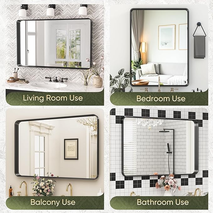 Suidia Bathroom Mirror, 30" x 40" Wall Mirror Metal Framed, Bathroom Vanity Mirror for Living Room Bedroom Bathroom Entryway, Black, Rounded Corner Style