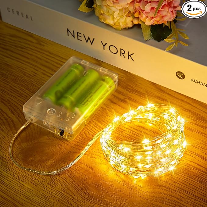 Fairy Lights Battery Operated, 2 Pack 33FT 100 LEDs Mini Battery Powered String Lights, Waterproof Copper Wire Twinkle Lights Mason Jar Lights for Indoor Home Wedding Christmas Decoration, Warm White