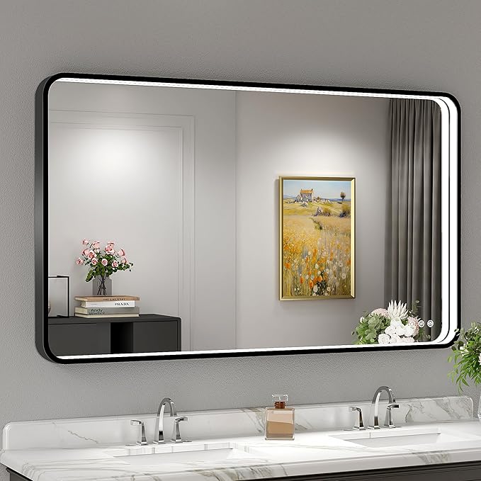 48x28 Inch LED Bathroom Mirror with Lights, Black Metal Framed LED Mirror for Bathroom, 3 Colors and Stepless Dimmable Wall Mounted Lighted Bathroom Vanity Mirror, Anti-Fog, Memory