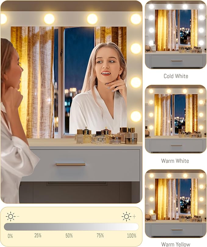Irontar Makeup Vanity Desk with Mirror, 43.3" L Vanity Table with 10 LED Lights & 7 Metal Sliding Drawers, Brightness Adjustable & Open Shelves, for Women, Wife, White