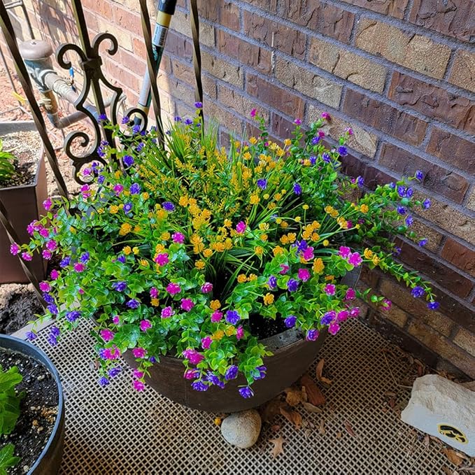 12 Bundles Outdoor Artificial Fake Flowers UV Resistant No Fade Boxwood Faux Plastic Shrubs Plants for Garden Patio Porch Window Box Home Wedding Farmhouse Hanging Décor