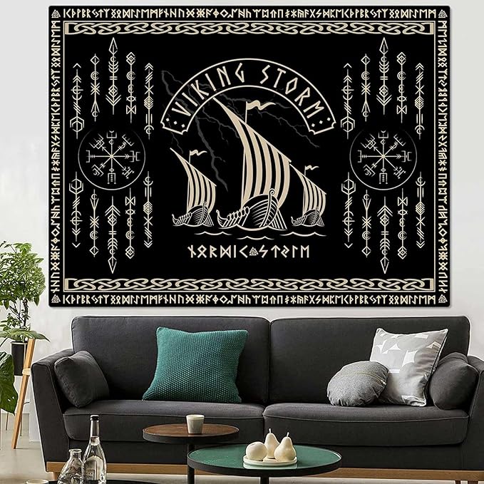 OSUNBD Viking Warship Tapestry Wall Hanging - Small 70x47 inches Storm & Celtic Runes on Soft Flannel Aesthetic Mythology Tapestries Norse Mythology Art for Bedroom, Living Room Decor