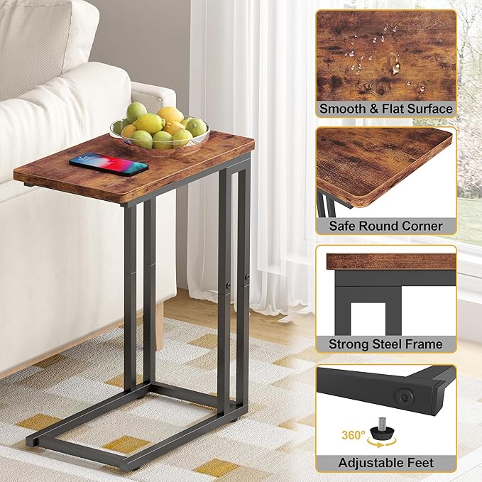 Yusong C Shaped End Table - Slide Under Sofa Couch Bed, Small Table for Small Spaces, Skinny Overbed, Coffee Drink Snack Table for Living Room, Rustic Brown